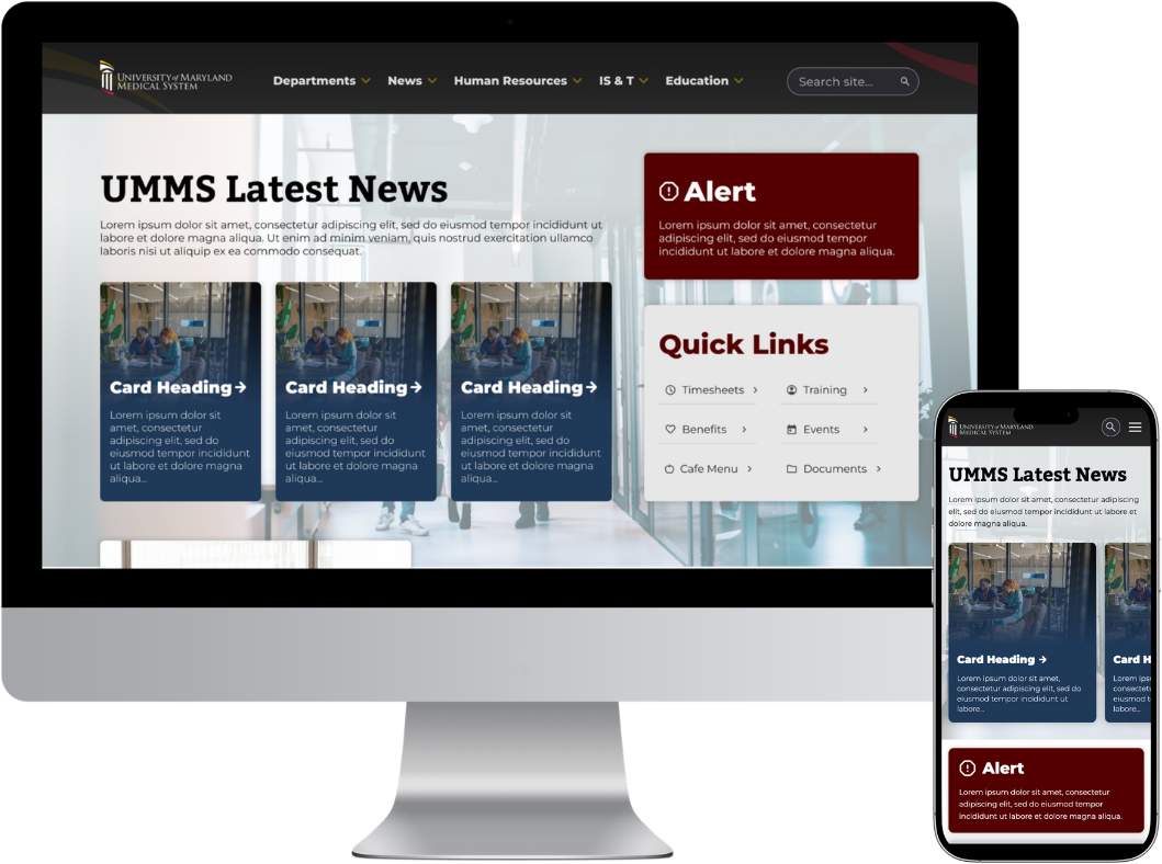 Desktop and mobile mockups of UMMS Intranet site